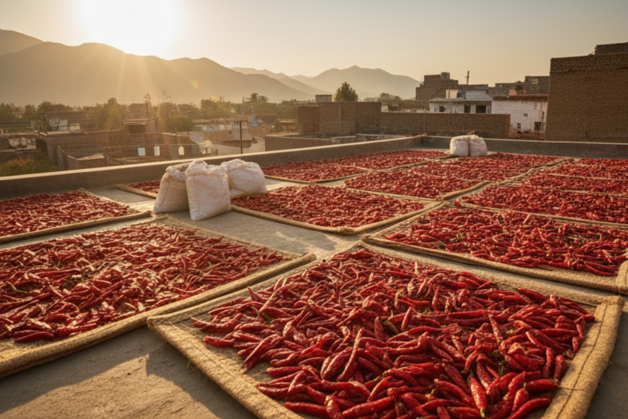 Red Chilli Rooftop Drying Golden Hour